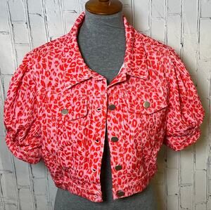 Emily Wonders Pink Red Leopard Print Cropped Puff Sleeve Jacket Women’s Small